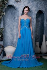 Clearence Sky Blue Empire Sweetheart Brush Train Chiffon Beading Prom Dress