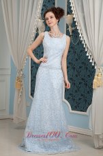 Clearence Light Blue Prom Dress Column Square Brush Train Lace