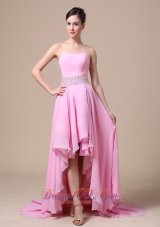 High-low Baby Pink and Beaded Decorate Waist For Prom / Evening Dress