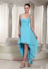 High-low Aqua Chiffon Evening Dress With Spaghetti Straps Beaded Decorate