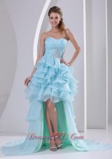 Light Blue Organza High-low Sweetheart 2013 Prom / Homecoming Dress With Beading Ruch and Ruffles Brush Train