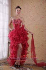 Wine Red Column Sweetheart High-low Organza Beading Prom / Cocktail Dress