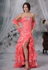 Ottumwa Iowa Beaded Decorate Bust Ruched Decorate Up Bodice Ruffles Watermelon Red High Slit Brush Train For 2013 Prom / Evening Dress