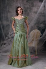 Plus Size Luxurious Olive Green Prom Dress Column Off The Shoulder Beading and Ruch Taffeta Floor-length