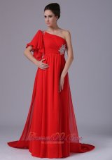 Plus Size Chiffon One Shoulder Beading Red Watteau 2013 Evening Dress