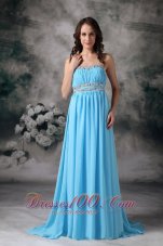 Plus Size Customize Baby Blue Empire Strapless Prom / Evening Dress Chiffon Beading Brush Train