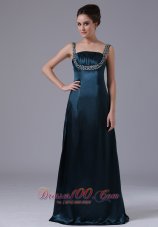 Designer Beaded Decorate Shoulder Straps Taffeta Navy Blue Floor-length Prom Dress