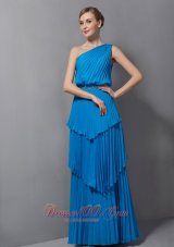 Designer Simple Blue Column One Shoulder Pleat Floor-length Chiffon