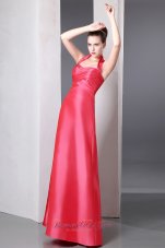 Designer Coral Red Column Halter Ruch Bridesmaid Dress Ankle-length Taffeta