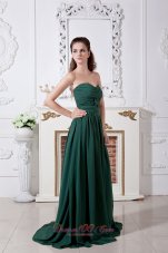 Designer Dark Green Empire Sweetheart Ruch Bridesmaid Dress Brush Train Chiffon