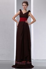 Designer New Brown Column V-neck Ruch Mother Of The Bride Dress Brush Train Chiffon