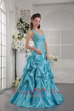 Designer Aqua Blue Princess Halter Floor-length Taffeta Appliques Prom / Graduation Dress