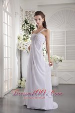 Designer White Empire One Shoulder Brush Train Chiffon Ruch and Appliques Prom / Graduation Dress