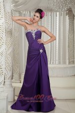 Designer Customize Purple Prom Dress Column Strapless Satin Appliques Brush Train
