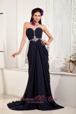 Designer Custom Made Navy Blue Empire Evening Dress Sweetheart Chiffon Beading Brush Train