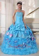 New Romantic Aqua Quinceanera Dress Strapless Organza and Taffeta Appliques Ball Gown