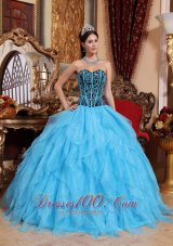 New Modest Aqua Blue Quinceanera Dress Sweetheart Floor-length Organza Embroidery with Beading Ball Gown