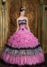New Elegant Rose Pink Quinceanera Dress Strapless Picks-Up Organza and Zebra Ball Gown