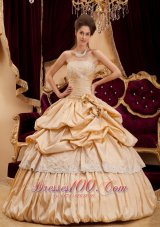 New Beautiful Champagne Quinceanera Dress Strapless Taffeta Appliques Ball Gown