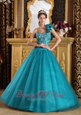 New Teal A-Line / Princess One Shoulder Floor-length Tulle Beading Quinceanera Dress