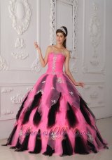 New Pink and Black A-Line / Princess Strapless Floor-length Organza Appliques Quinceanera Dress