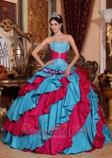 New Discount Aqua Blue and Red Quinceanera Dress Strapless Taffeta Embroidery Ball Gown