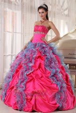 Popular Lovely Hot Pink and Aqua Blue Quinceanera Dress Strapless Organza and Taffeta Beading and Ruffles Ball Gown