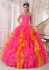 Popular Beauty Hot Pink and Orange Quinceanera Dress Sweetheart Organza Sequins Ball Gown