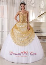 Popular Informal Champagne and White Quinceanera Dress Spaghetti Straps Tulle and Sequin Appliques Ball Gown