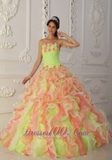 Popular Romantic Multi-Color Quinceanera Dress Strapless Organza Hand Flowers and Ruffles Ball Gown
