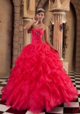 Popular Sexy Coral Red Quinceanera Dress Sweetheart Ruffles Organza Ball Gown