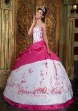 Popular Cute Rose Pink and White Quinceanera Dress Strapless Embroidery Satin Ball Gown