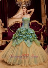 Popular Remarkable Olive Green Quinceanera Dress Strapless Taffeta and Tulle Beading Ball Gown