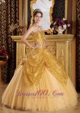 Popular Gold Ball Gown Sweetheart Floor-length Sequined and Tulle Handle Flowers Quinceanera Dress