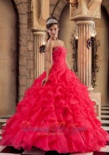 Popular Red Ball Gown Sweetheart Floor-length Organza Ruffles Quinceanera