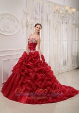 Popular Brand New Wine Red Quinceanera Dress Spaghetti Straps Court Train Organza Beading Ball Gown