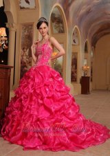Popular Beautiful Hot Pink Quinceanera Dress Spaghetti Straps Organza Embroidery Ball Gown