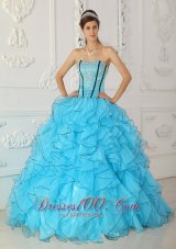 Popular Beautiful Baby Blue Prom Dress Strapless Organza Appliques Ball Gown