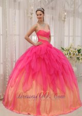 Popular Discount Hot Pink Quinceanera Dress Strapless Organza Beading Ball Gown