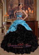 Popular New Aqua Blue and Black Quinceanera Dress Sweetheart Pick-ups Ball Gown Taffeta and Organza