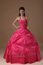 Discount Coral Red Ball Gown Halter Floor-length Taffeta Beading Quinceanera Dress