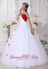 Discount White and Red Ball Gown Sweetheart Floor-length Satin and Tulle Appliques Quinceanera Dress