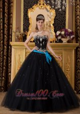 Discount Black Ball Gown Strapless Floor-length Appliques Tulle Quinceanera