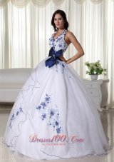 Discount White Ball Gown Halter Floor-length Organza Appliques Quinceanera Dress