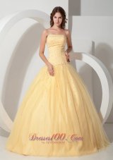 Light Yellow Ball Gown Strapless Floor-length Tulle Beading Quinceanera Dress