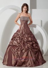 Brown Ball Gown Strapless Floor-length Taffeta Beading Quinceanera Dress