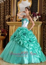 Discount Turquoise Quinceanera Dress Sweetheart Organza Hand Made Flowers Ball Gown