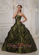 Exquisite Olive Green Quinceanera Dress Strapless Taffeta and Satin Beading Ball Gown