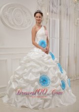 Beautiful White Quinceanera Dress One Shoulder Taffeta Beading and Hand Flowers Ball Gown