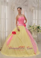 Pink and Yellow Ball Gown Strapless Floor-length Taffeta and Tulle Hand Made Flowers Quinceanera Dress